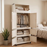 Foldable Wardrobe with Magnetic Doors & Wheels - Ivory White