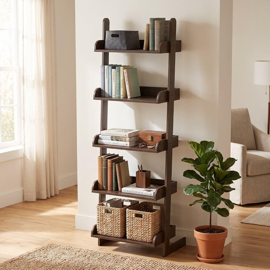 5-Tier Wooden Ladder Bookshelf – Brown