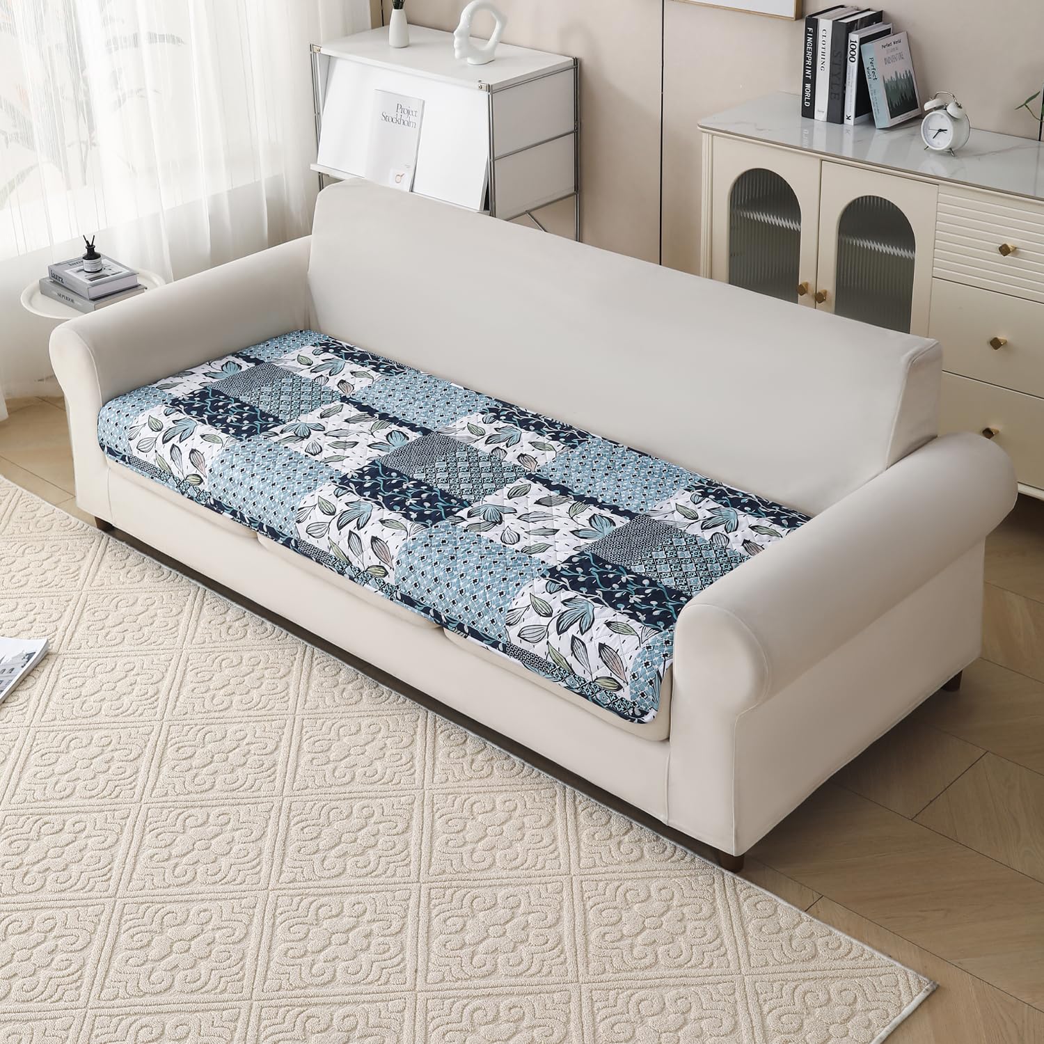 'Aura Petal Series' Quilted Sofa Mat Printed – Anti Slip (Paisley Blue)