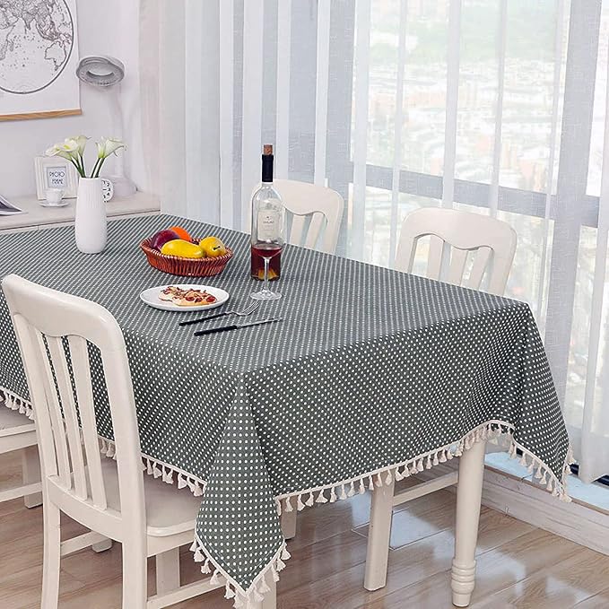 Rectangle Cotton Linen Table Cloth (140x180cm, Grey Polka)