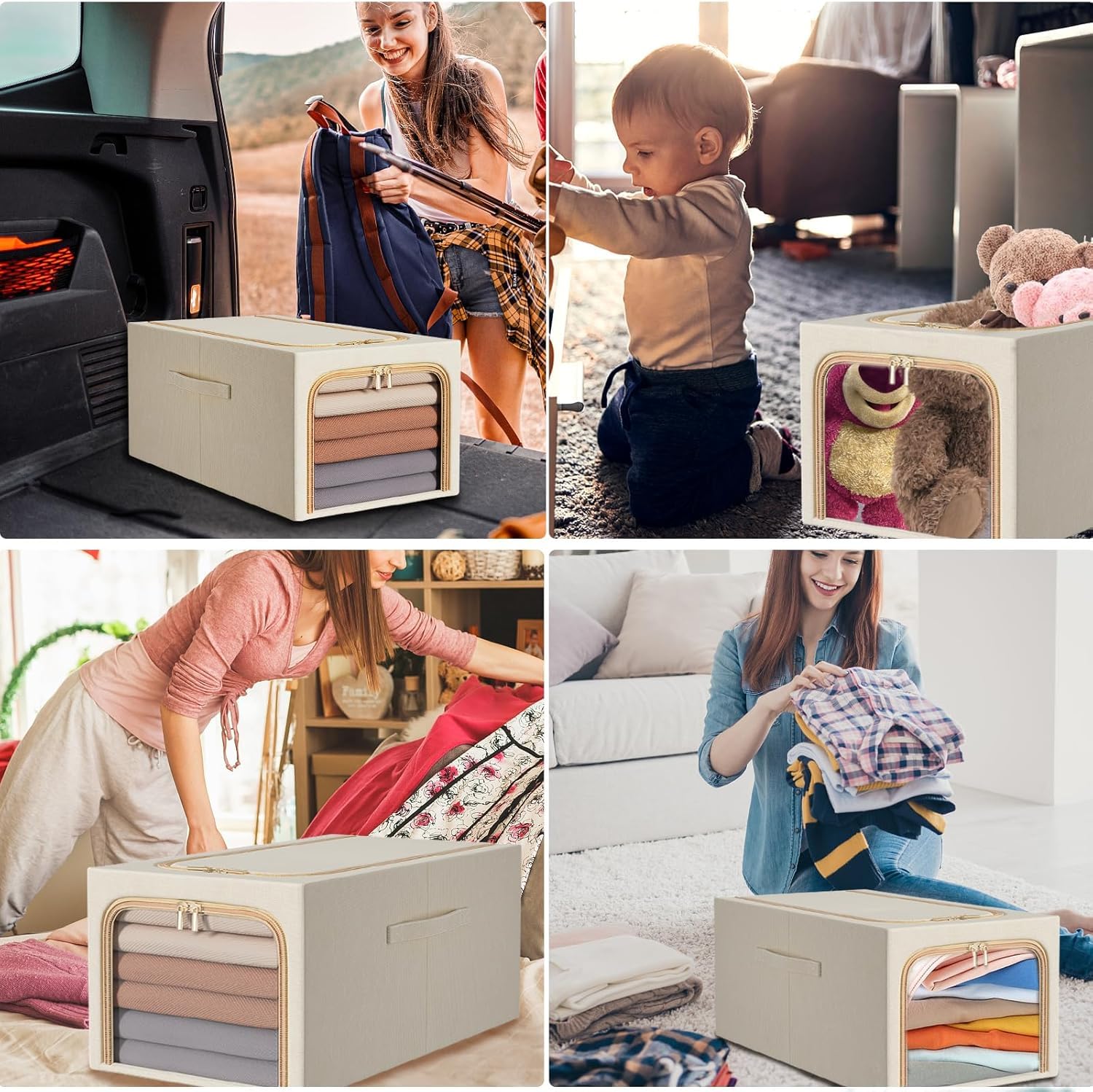 Clothes Storage Bins Quilts Storage Organizer with Metal Frame & Handle (Grey)