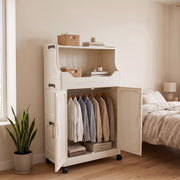 Foldable Wardrobe with Magnetic Doors & Wheels - Ivory White