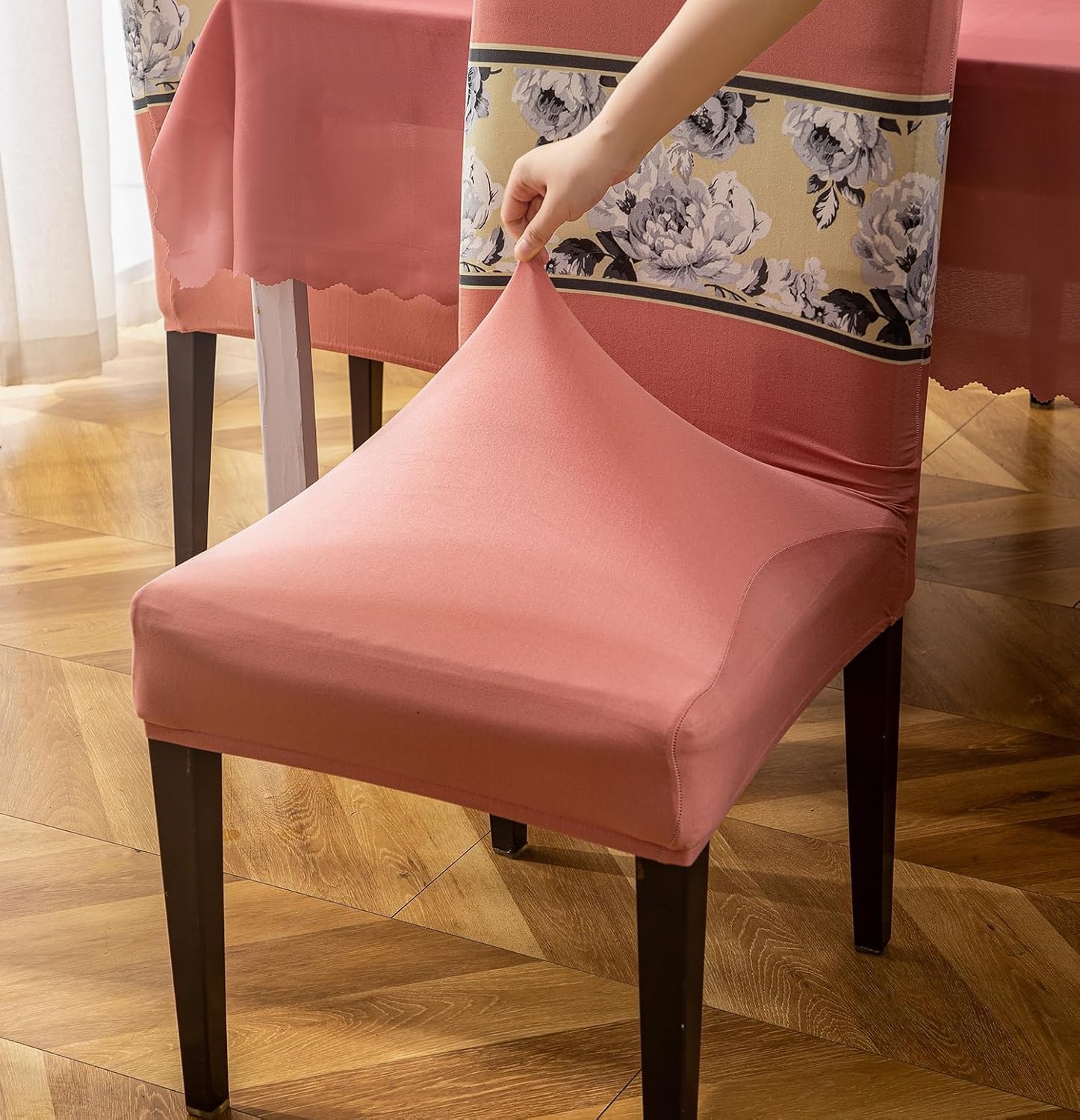 Dining Table Cover Waterproof (Peach Florals, 1 Table Cover + 6 Chair Cover)