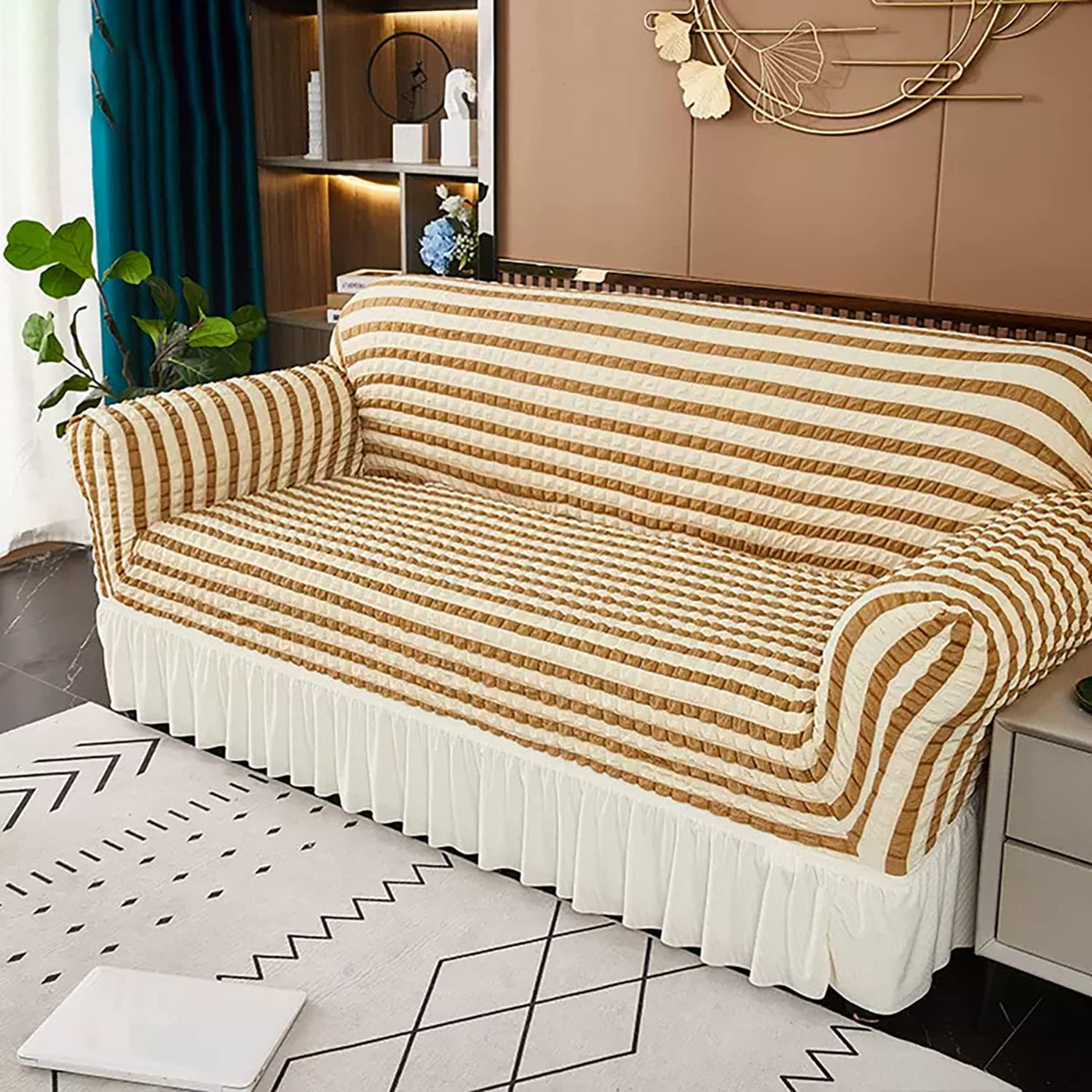 Bubble Frill Couch Cover-Beige Stripe