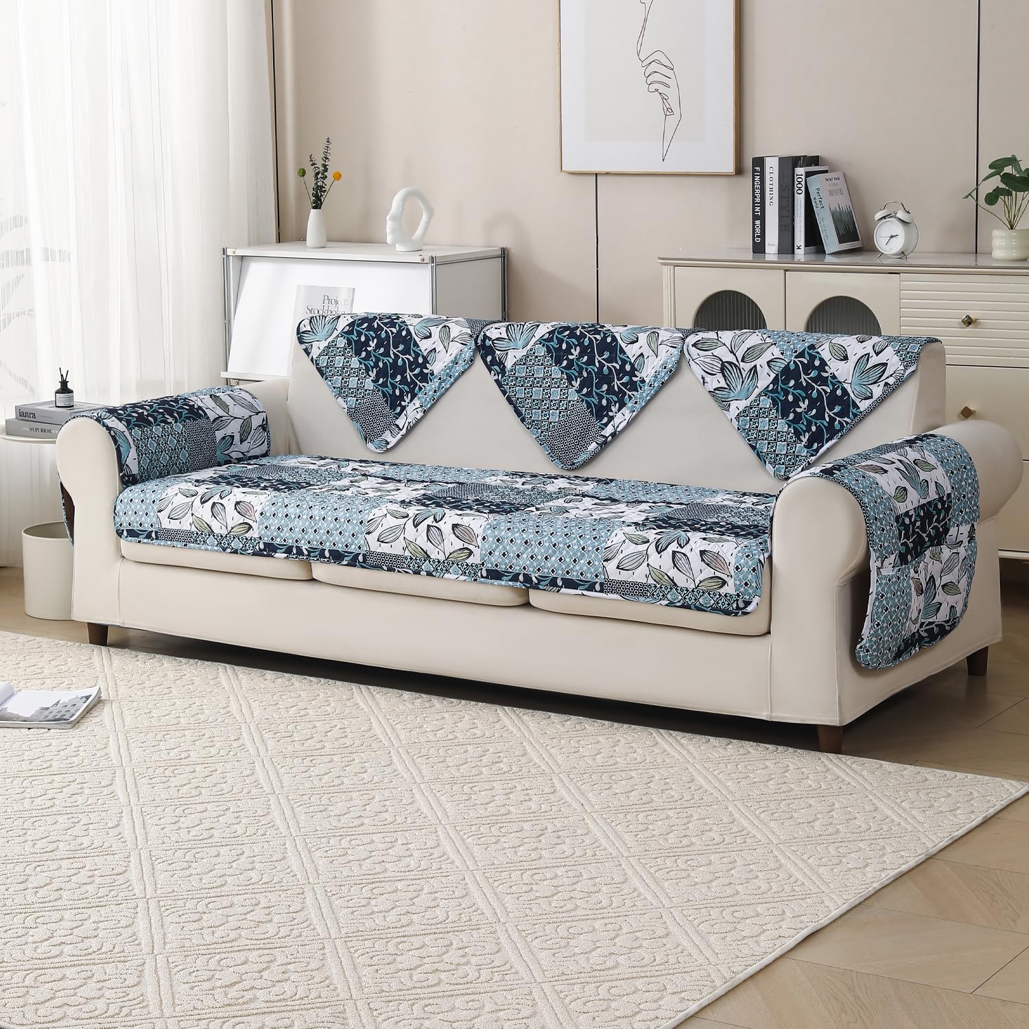 'Aura Petal Series' Quilted Sofa Mat Printed – Anti Slip (Paisley Blue)