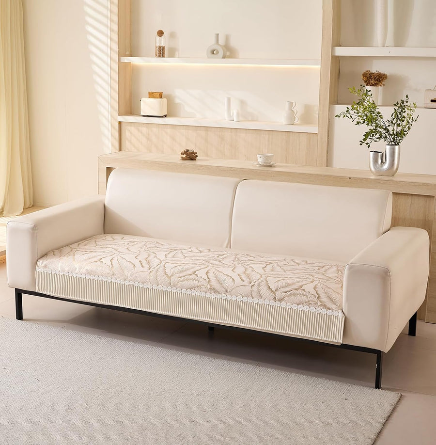 Leaf Pattern Chenille Fabric Sofa Cover Set – 3-Piece (2 Armrest Covers 50x70cm + 1 Seat Cover) Beige