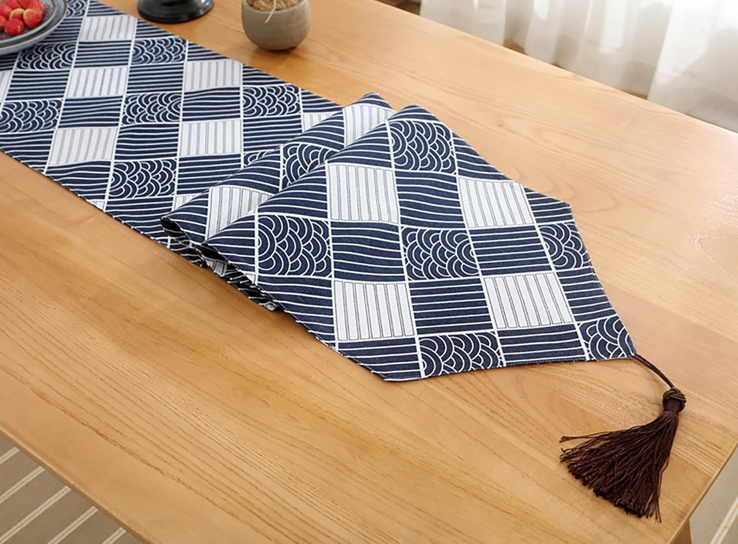 Table Runner, Linen Cotton Tassel Retro (1 Runner Blue Pattern)