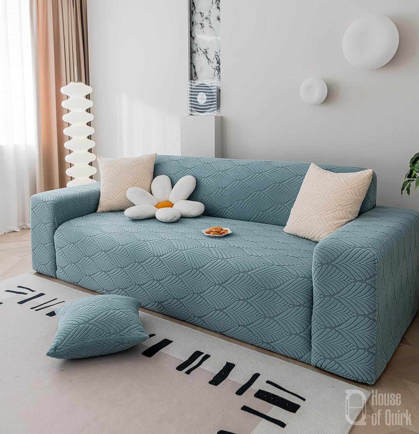 Universal Jacquard Leaf Texture Fabric Sofa Cover-Light Blue