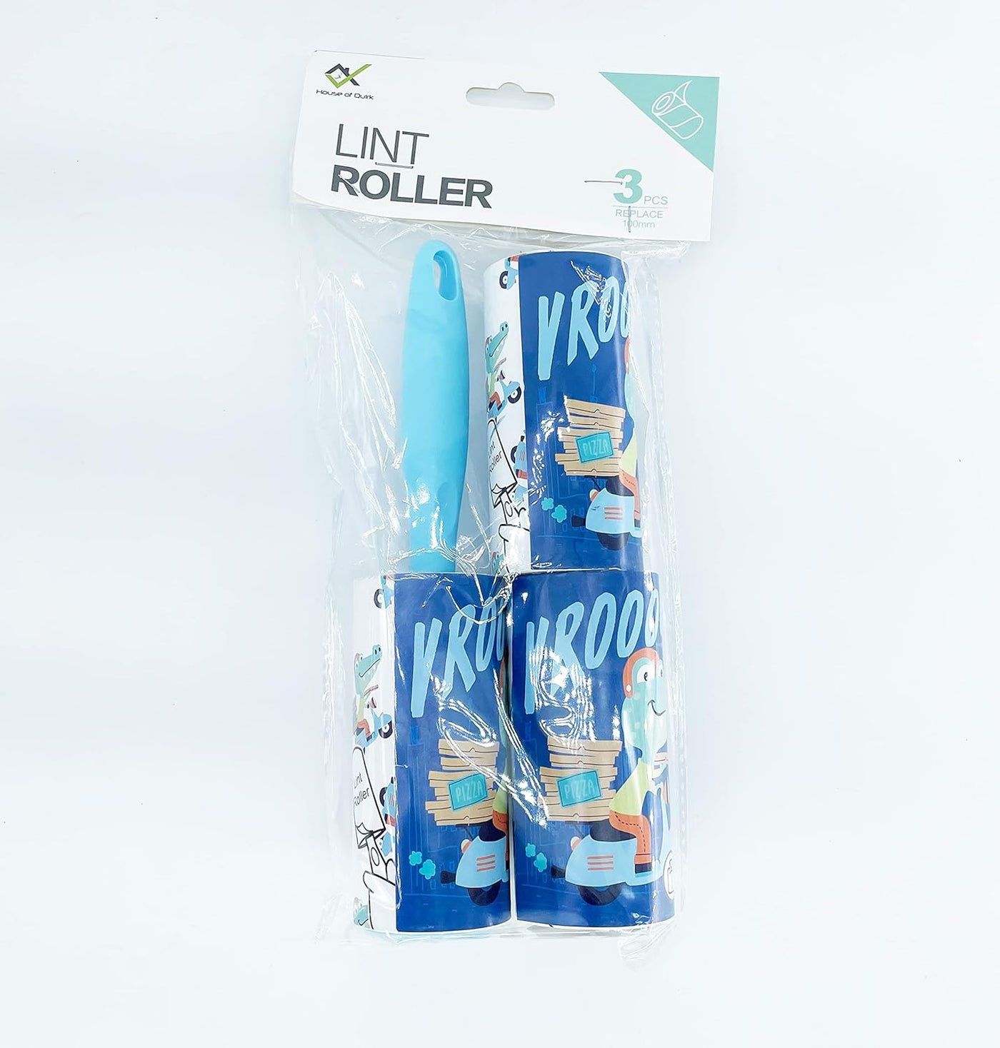Lint Roller 10cm Sheet Set of 3 Rolls 180 Sheets, 60 Sheets Each roll- Vroom Dino