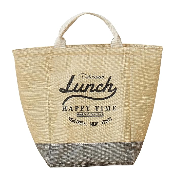 Insulated Reusable Cotton Jute Lunch Bag Tote Bag (Beige Happytime)