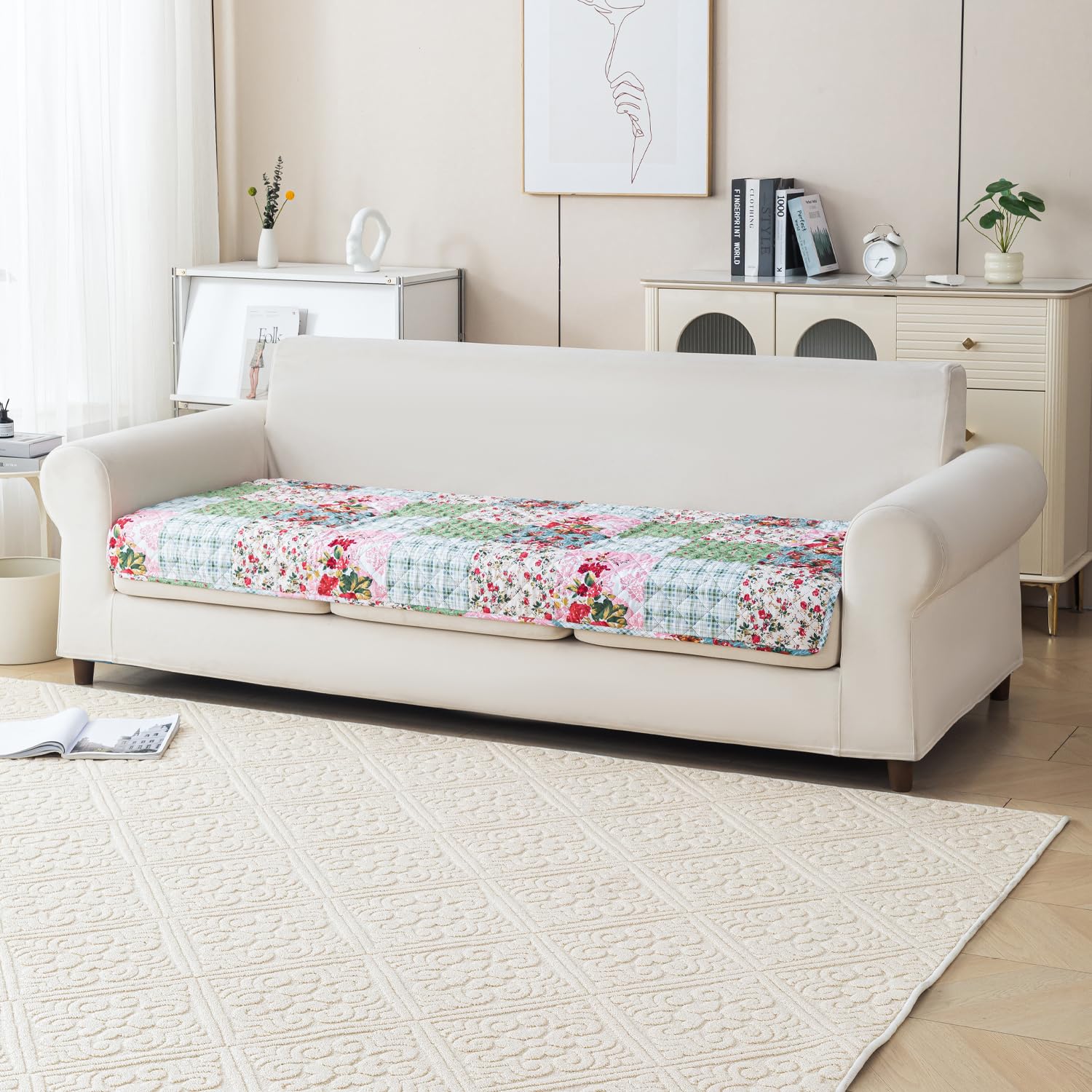 'Aura Petal Series' Quilted Sofa Mat Printed – Anti Slip (Flora Jade)