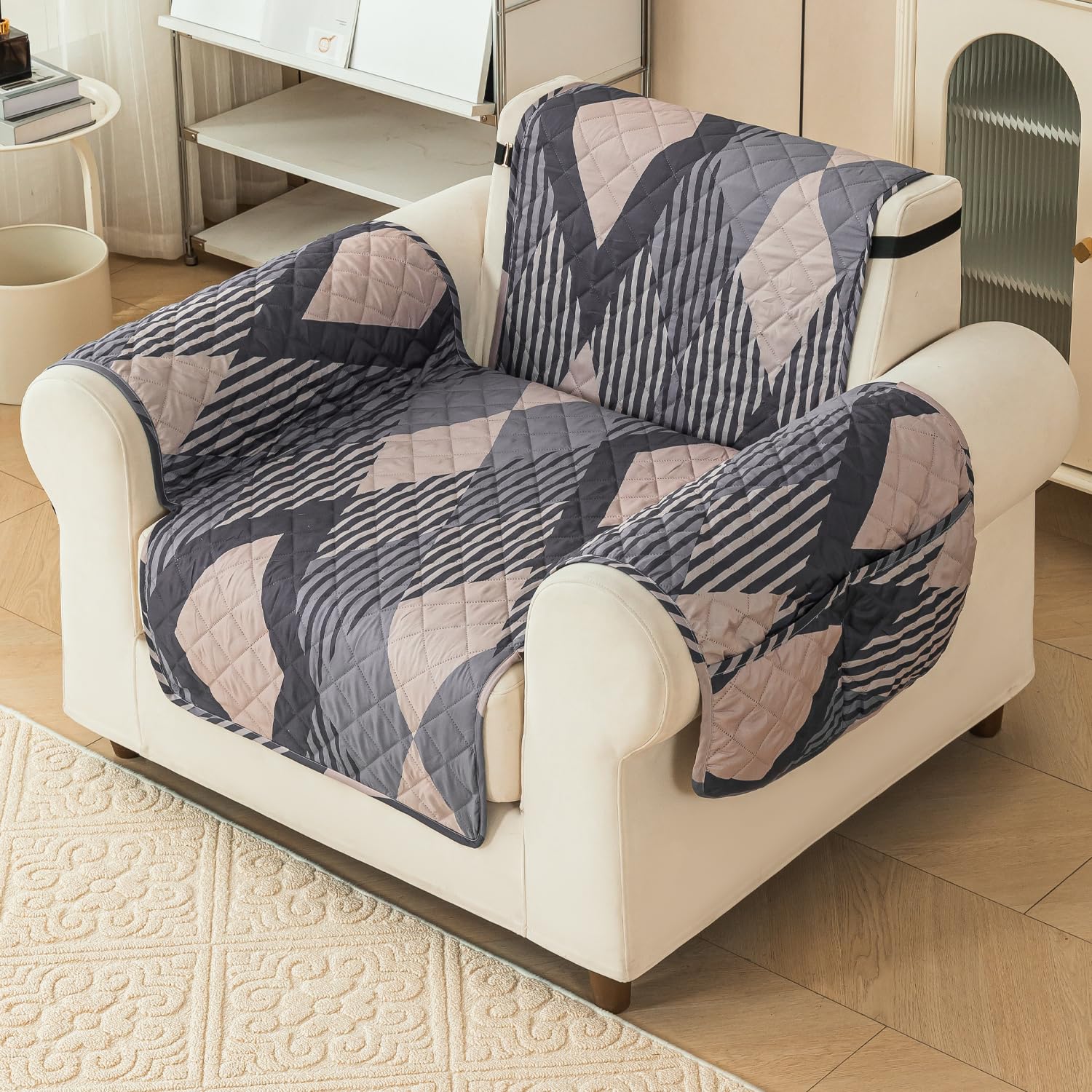 Gulnaar Series Anti-Slip Sofa Cover Mat with Pocket – Polyester Couch Protector(Sandstone)