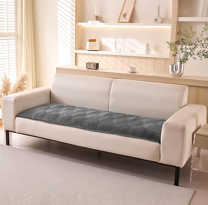 Velvet Plush Sofa Cover Palm Leaves Quilted Sofa Cover 1/2/3/4 Seater Mat (Grey)
