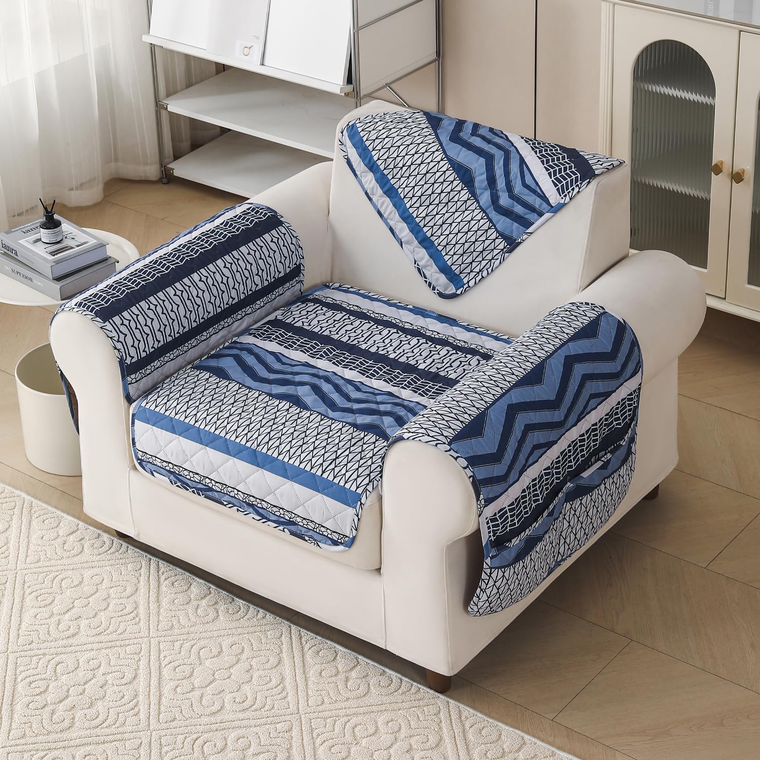 'Aura Petal Series' Quilted Sofa Mat Printed – Anti Slip (Boho Navy)