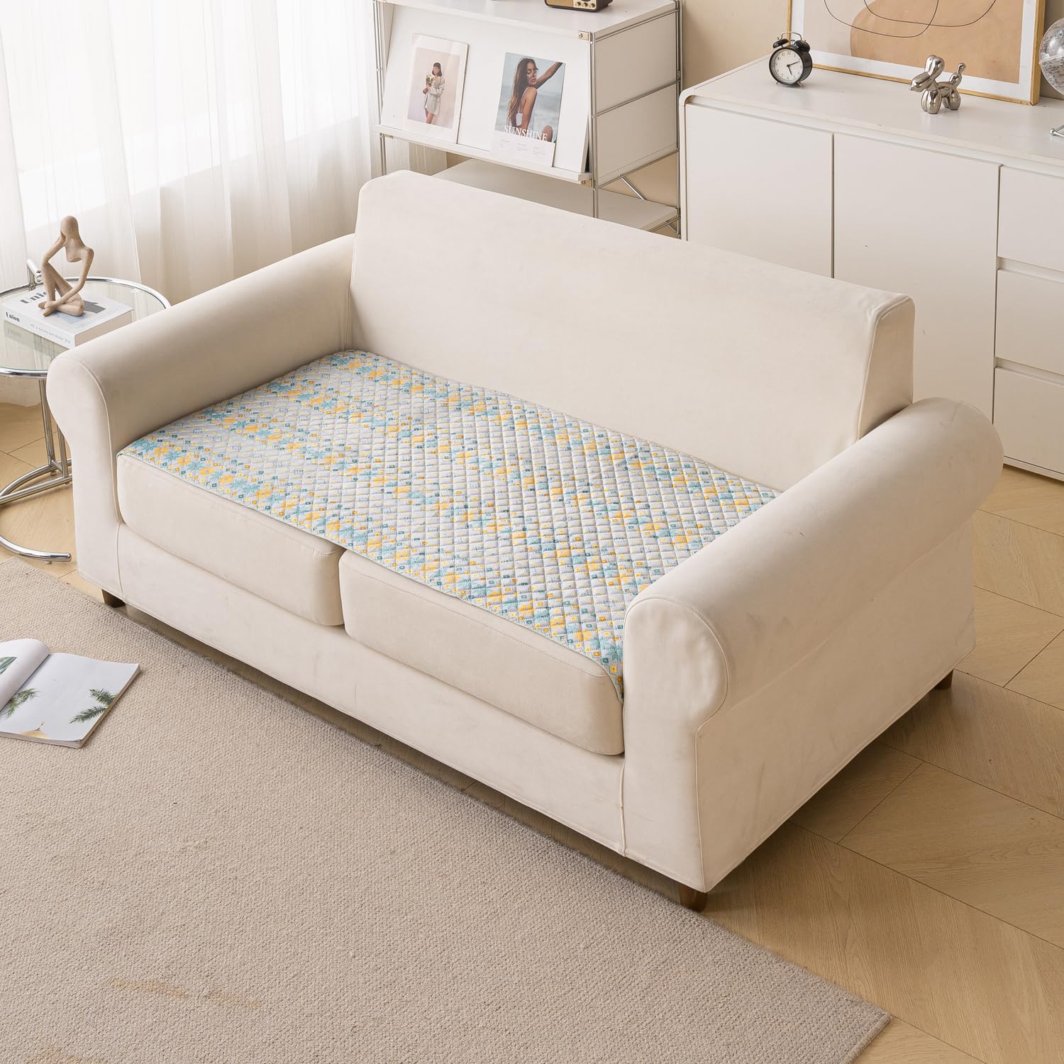 Printed Sofa Cover for Indian Sofa Set Quilted, Washable & Durable (Grey Garland)