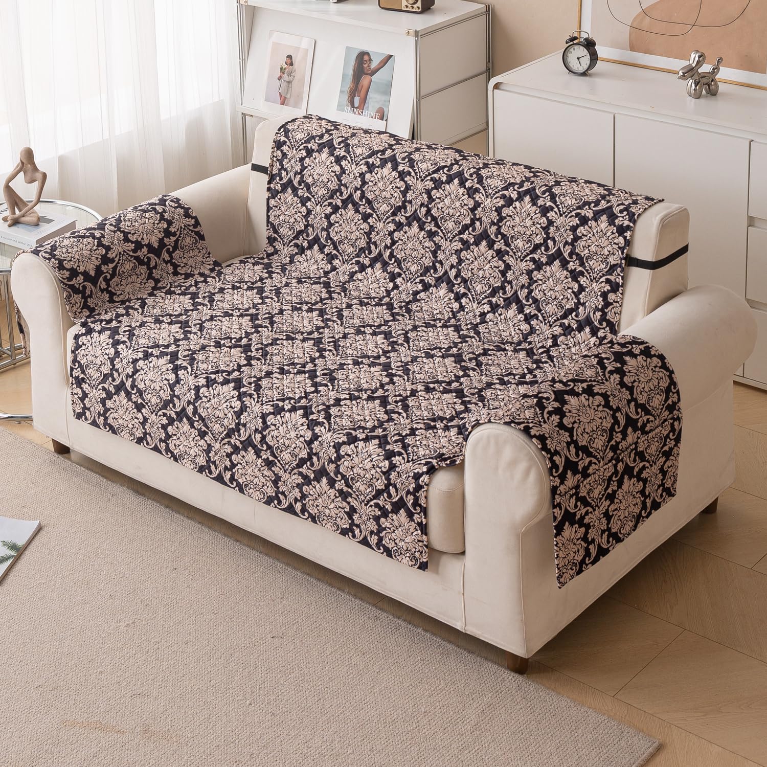Quilted Printed Sofa Cover for Indian Sofa Set – Washable (Black Motif)