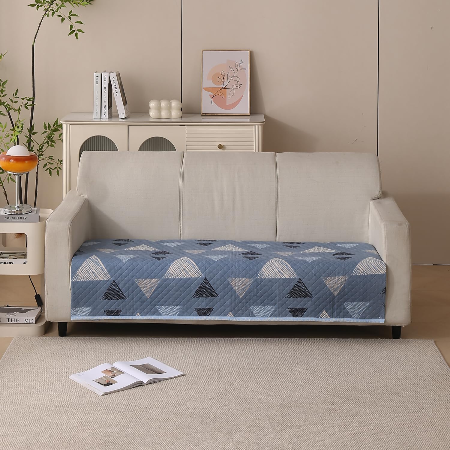 Reversible Printed Quilted Sofa Cover Mats for 1/2/3/4 Seater Sofa Cover- Blue Stone