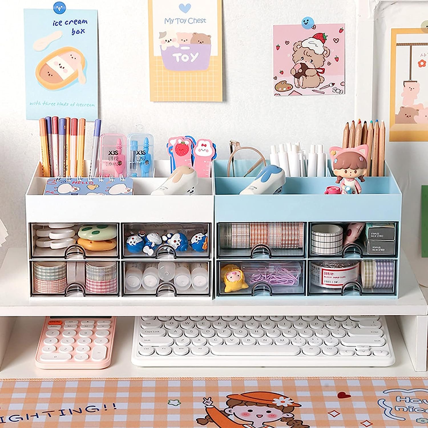 Desk Organiser with Drawer, Multifunctional 4 Plastic Compartments - Blue
