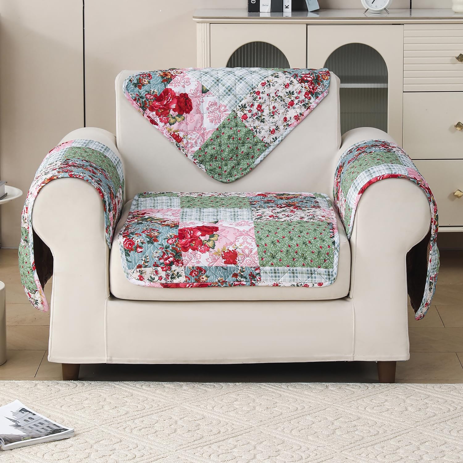 'Aura Petal Series' Quilted Sofa Mat Printed – Anti Slip (Flora Jade)