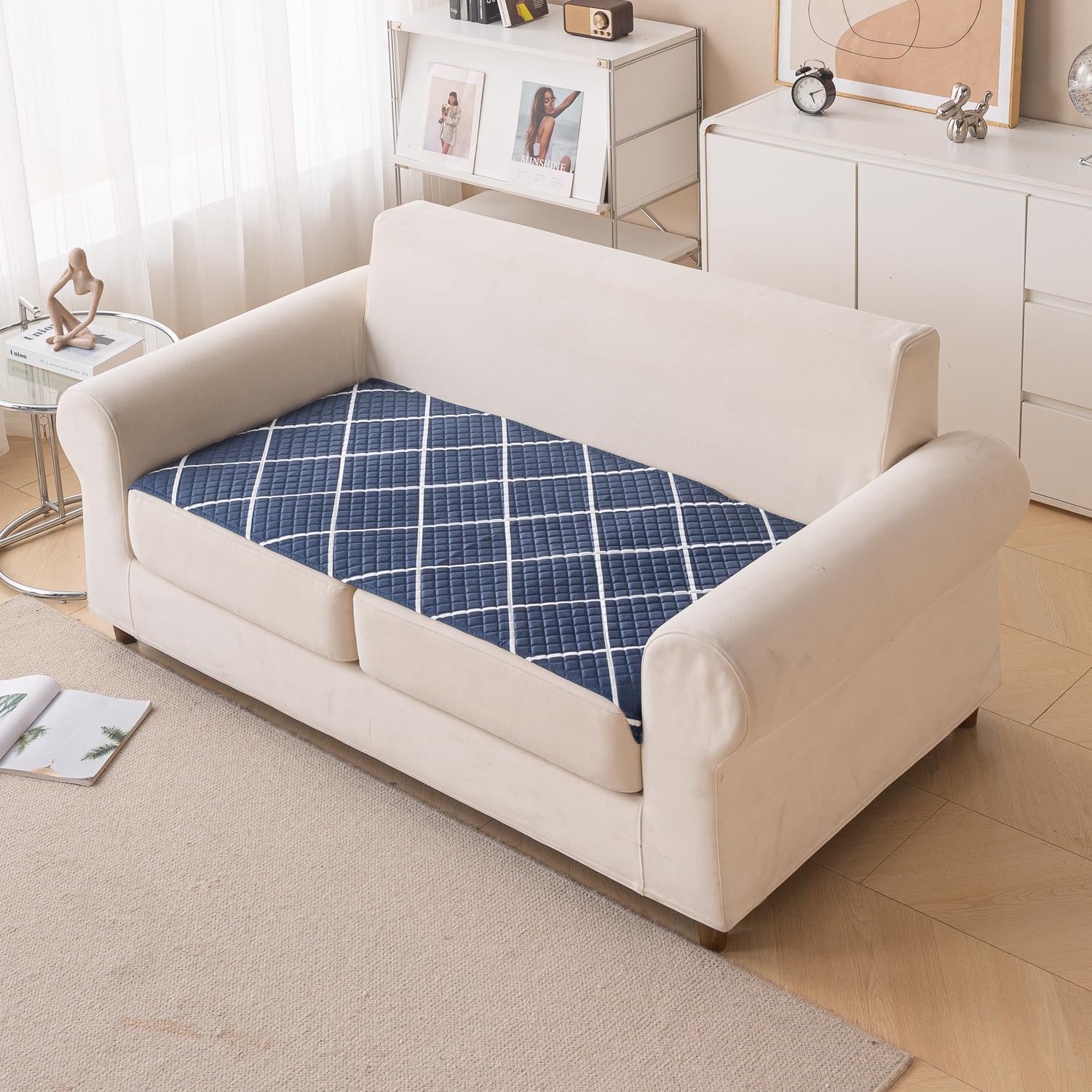 Printed Sofa Cover for Indian Sofa Set Quilted, Washable & Durable (Blue Diamond)