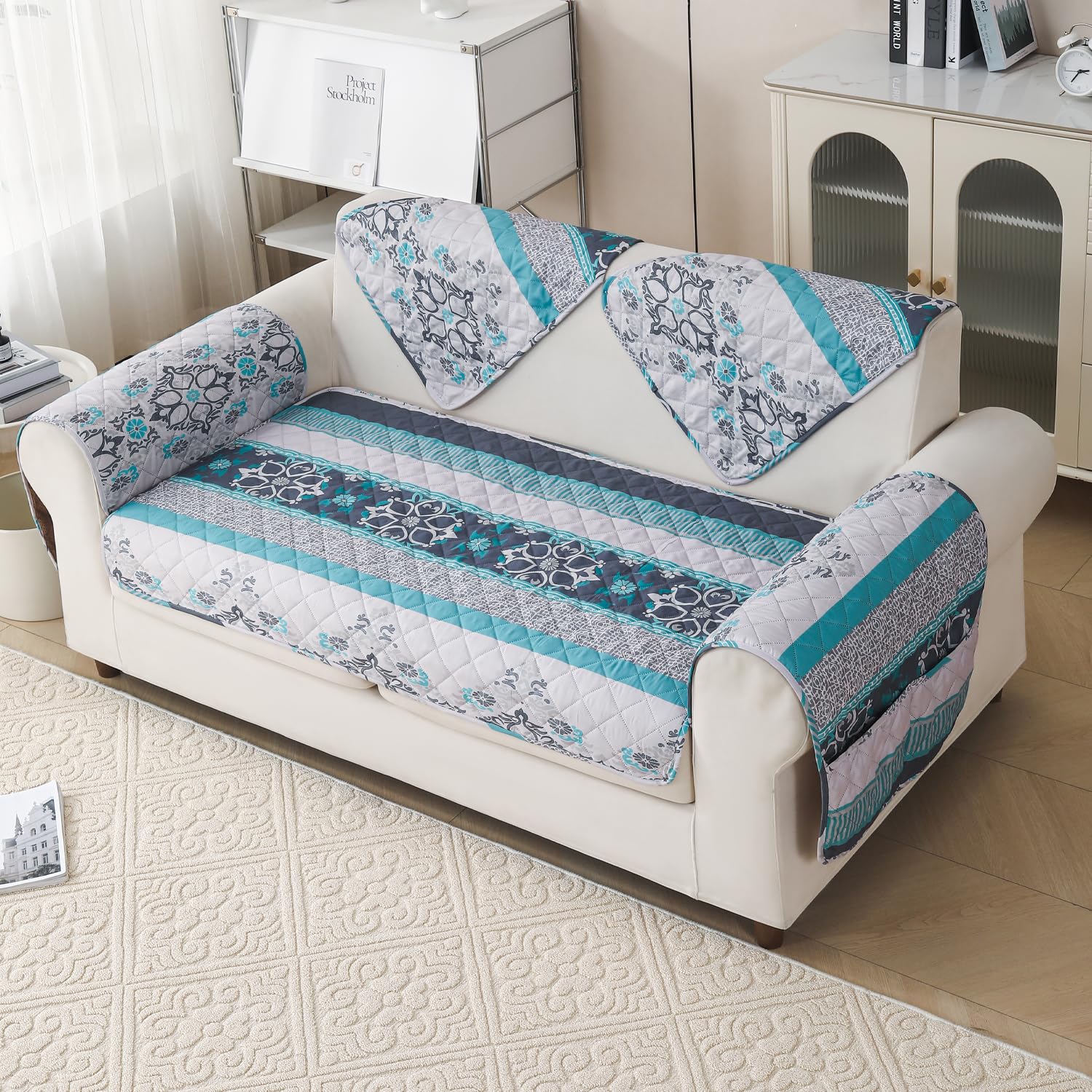 'Aura Petal Series' Quilted Sofa Mat Printed – Anti Slip (Boho Green)