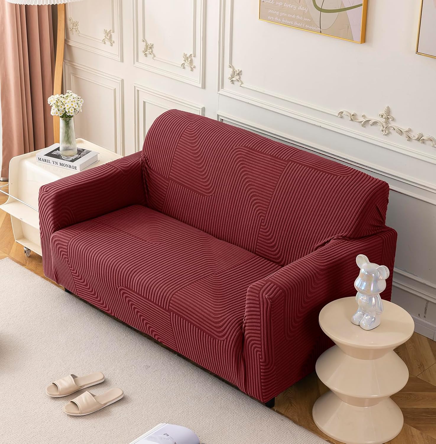 Universal Jacquard 3+2 Seater Thickened Fabric Sofa Cover (Maroon)