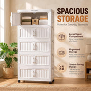 Folding Plastic Storage Cabinet with Wheels - White