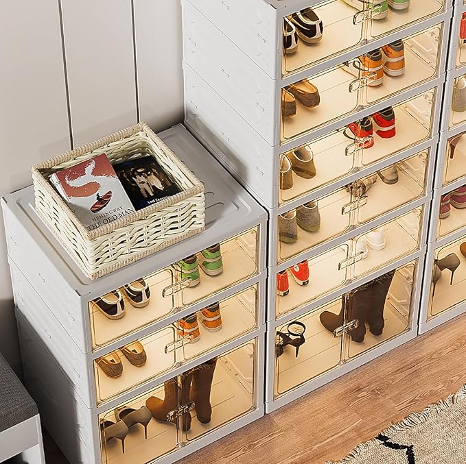 6 Layer Plastic Storage Bins with Lids - Shoe Storage box (Cream)