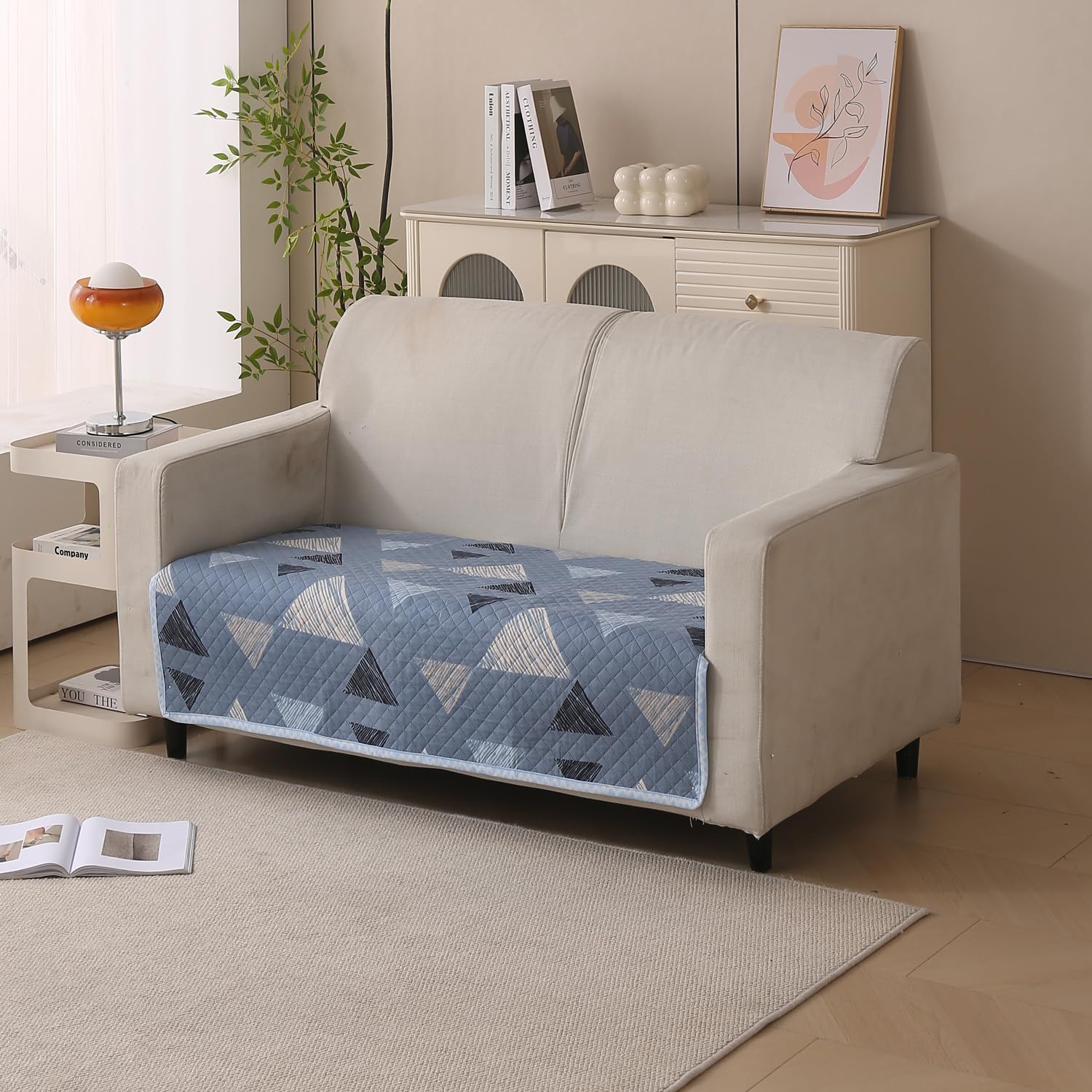 Reversible Printed Quilted Sofa Cover Mats for 1/2/3/4 Seater Sofa Cover- Blue Stone