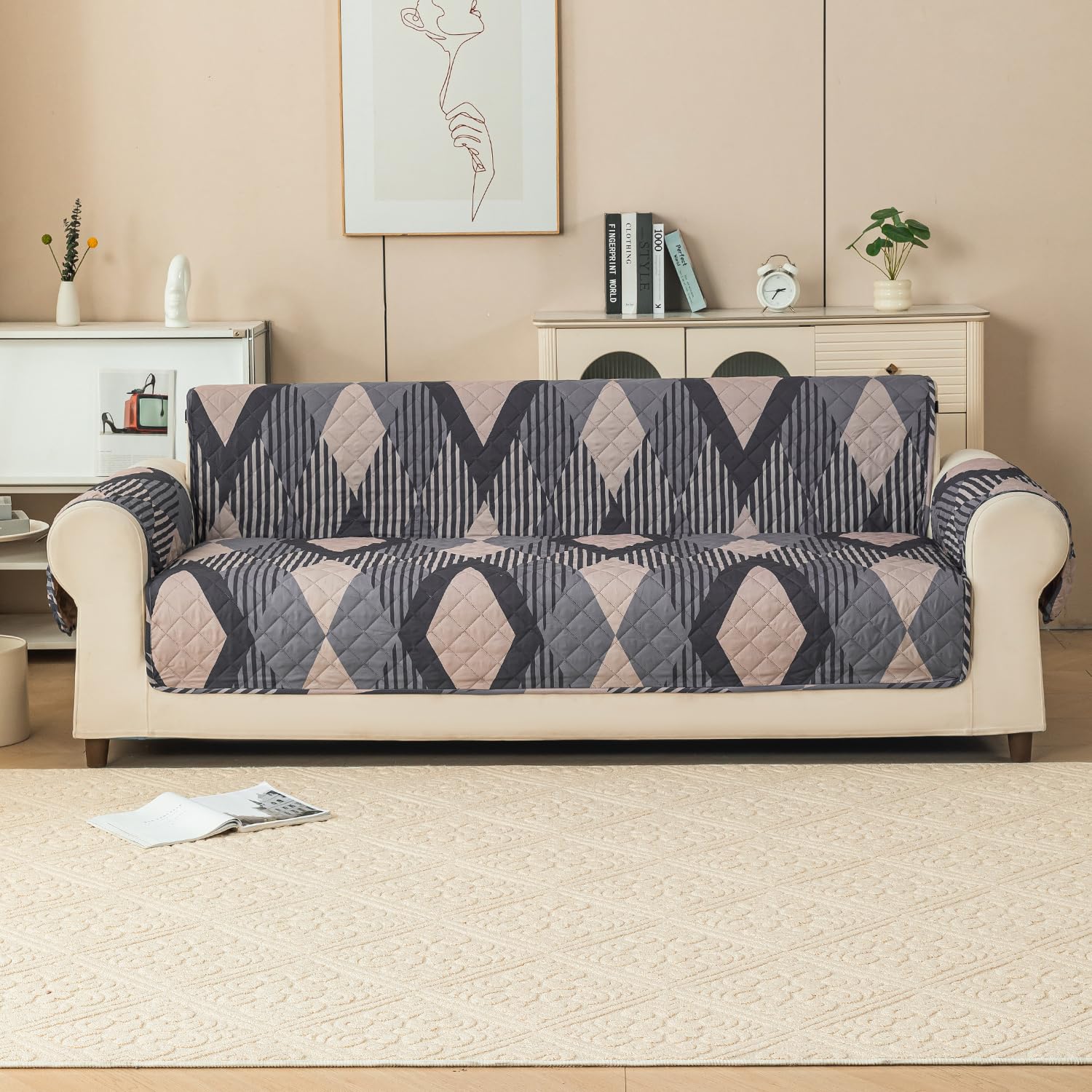 Gulnaar Series Anti-Slip Sofa Cover Mat with Pocket – Polyester Couch Protector(Sandstone)