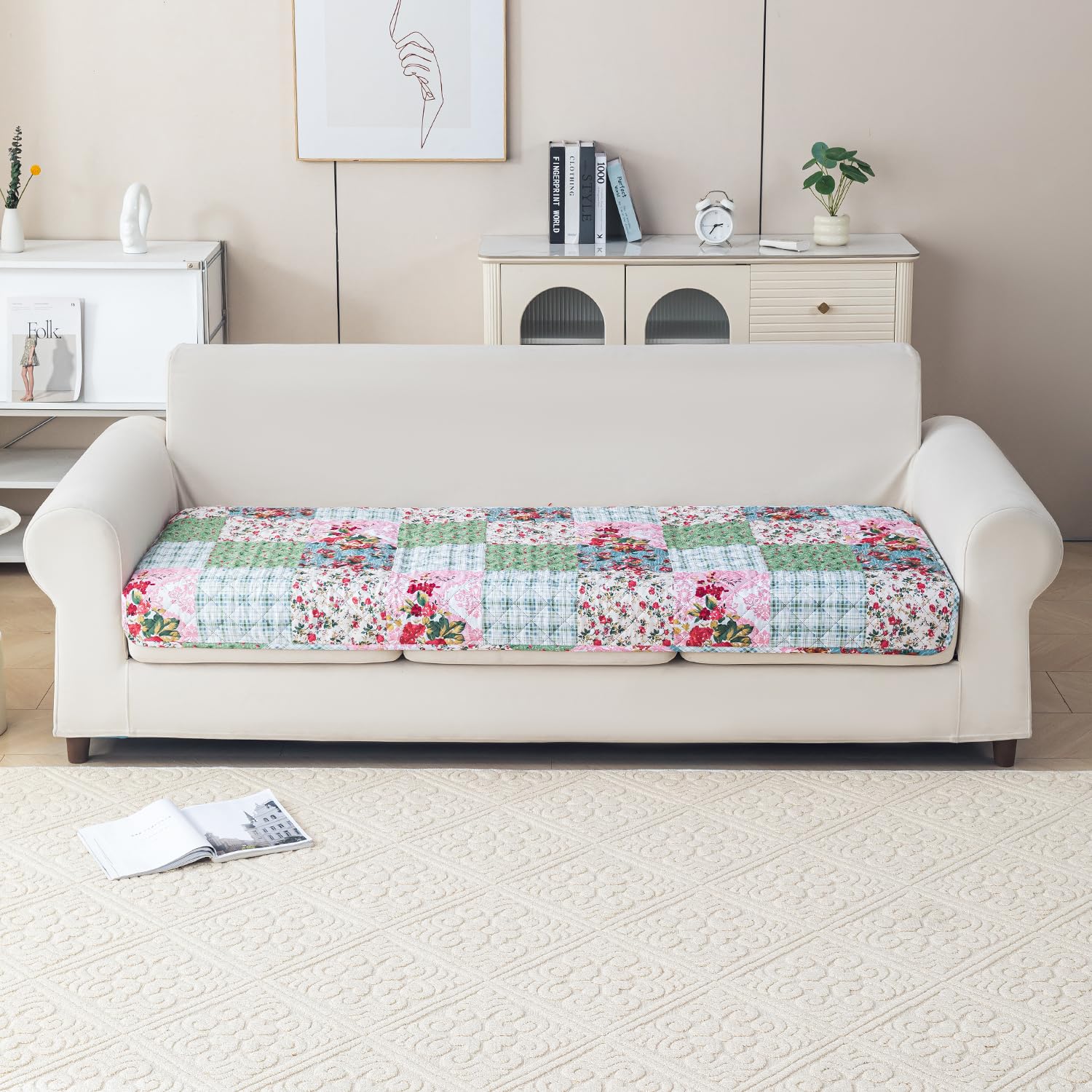 'Aura Petal Series' Quilted Sofa Mat Printed – Anti Slip (Flora Jade)