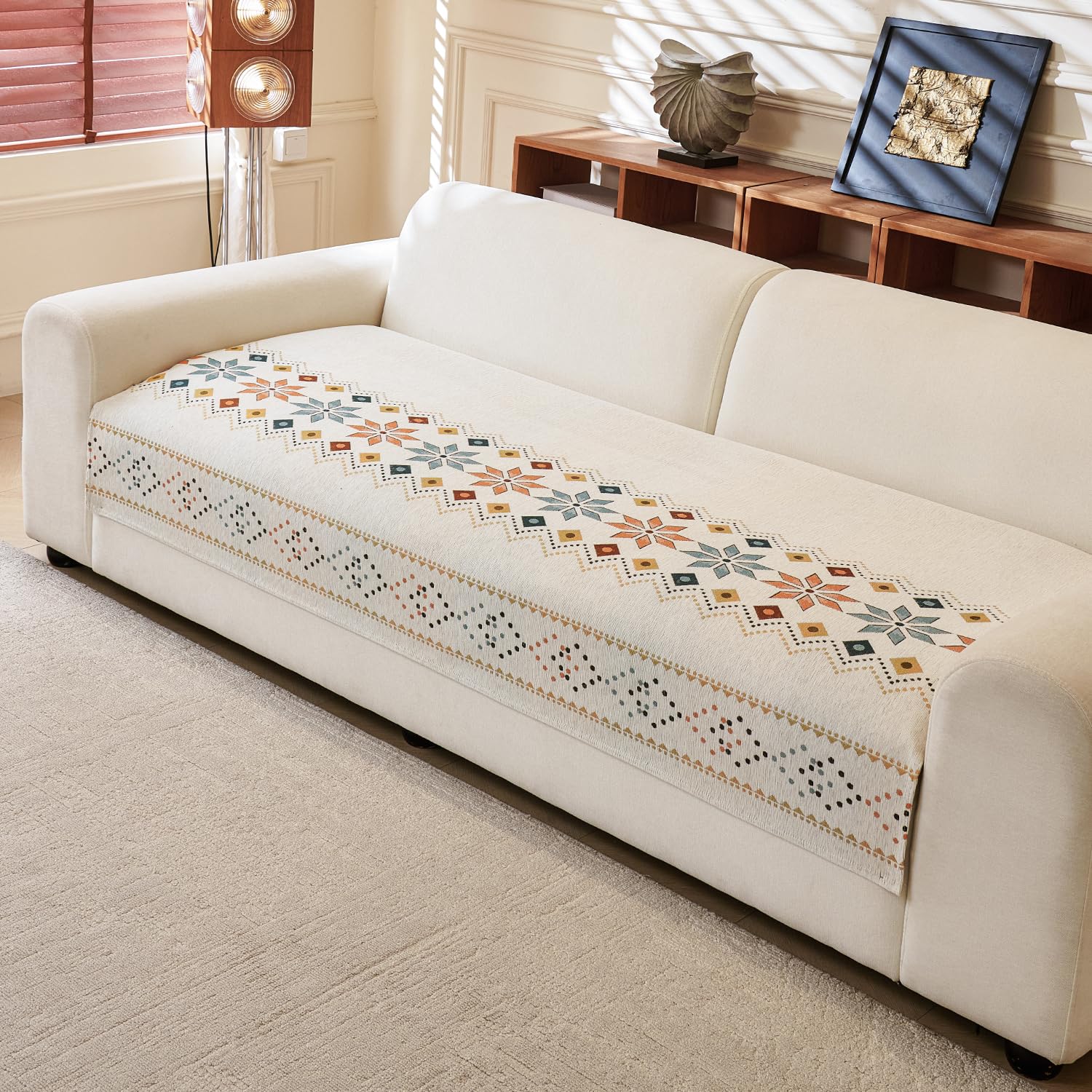 Rangoli Series Chenille Bohemia Couch Cover Quilted Non-Slip Washable Sofa Slipcover, Soft Furniture Protector (Cream)