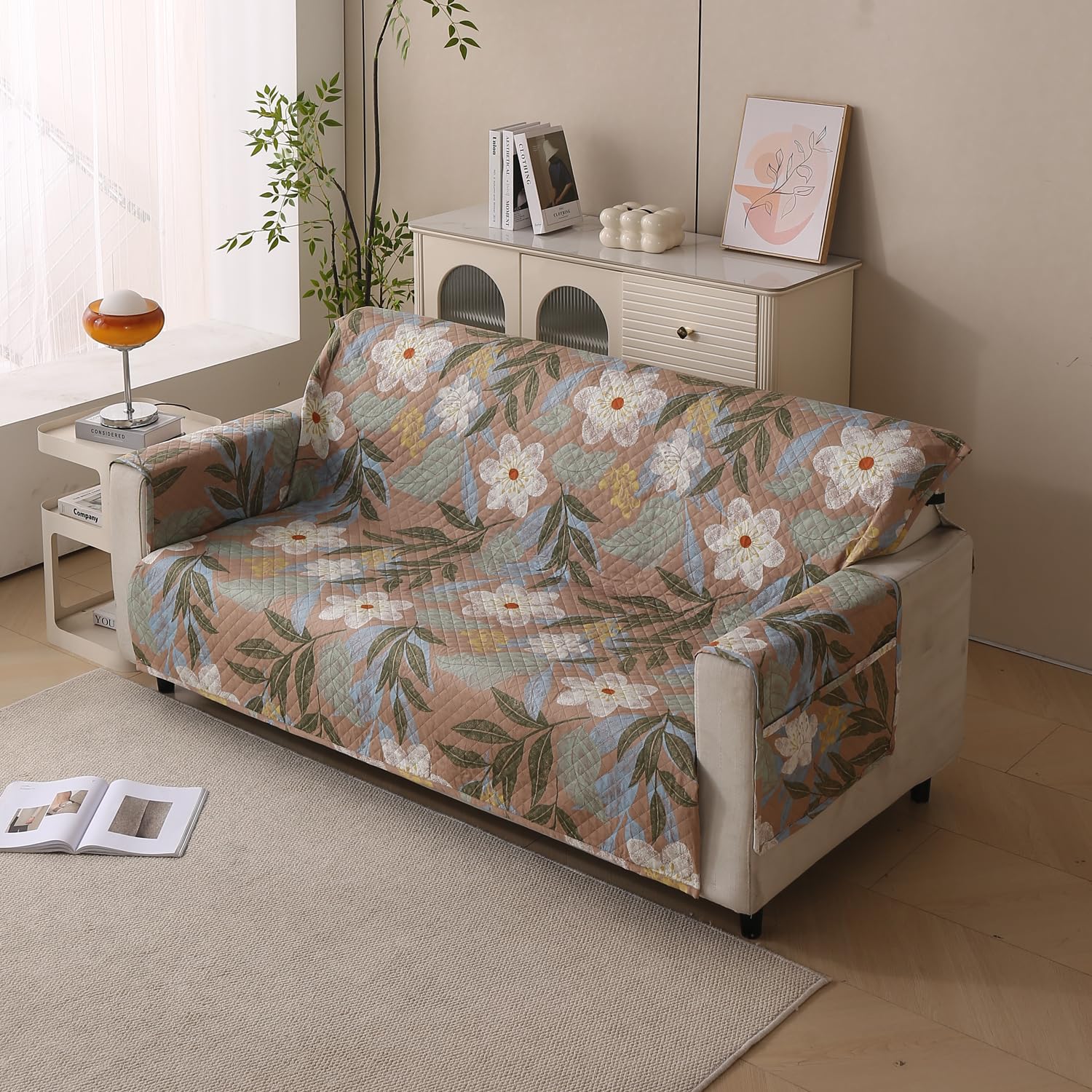 Polyester Sofa Cover Mat Reversible Couch Protector-Beige Botanica