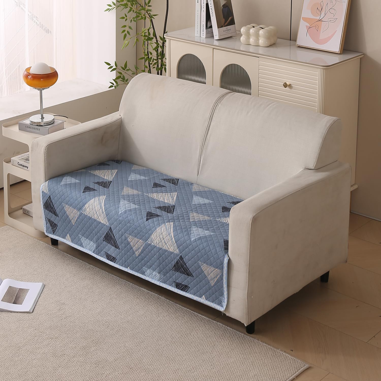 Reversible Printed Quilted Sofa Cover Mats for 1/2/3/4 Seater Sofa Cover- Blue Stone