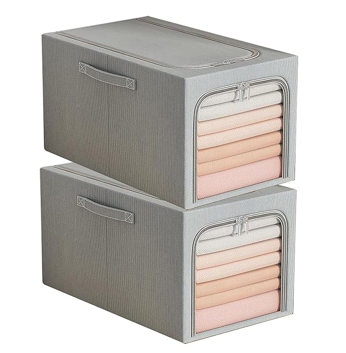 Clothes Storage Bins Quilts Storage Organizer with Metal Frame & Handle (Grey)