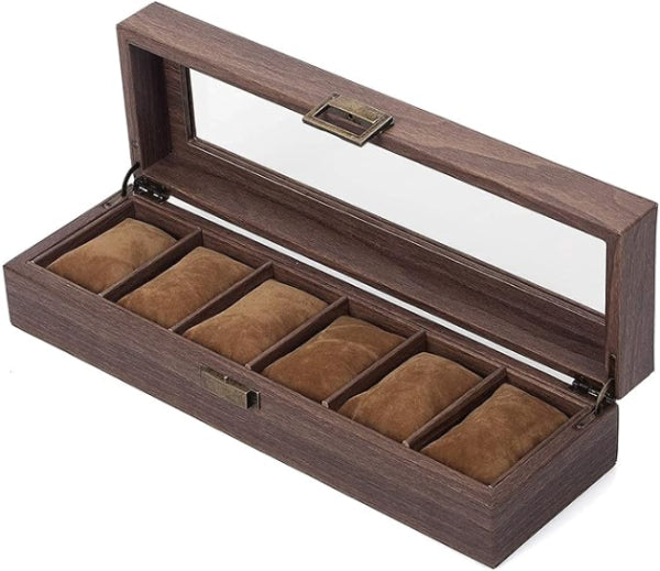 Wooden Look 6 Slot Watch Box Organizer with Glass Top Antique Lock