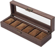 Wooden Look 6 Slot Watch Box Organizer with Glass Top Antique Lock
