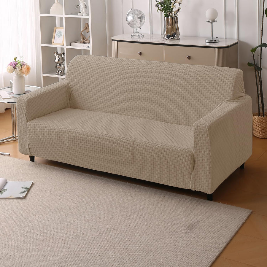 Elegant Jacquard Fabric 220 GSM Sofa Cover – Ultra Soft Stretchable (Khaki)