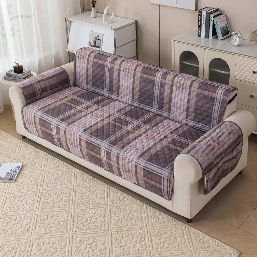 Gulnaar Series Anti-Slip Sofa Cover Mat with Pocket – Polyester Couch Protector(Warm Checks)