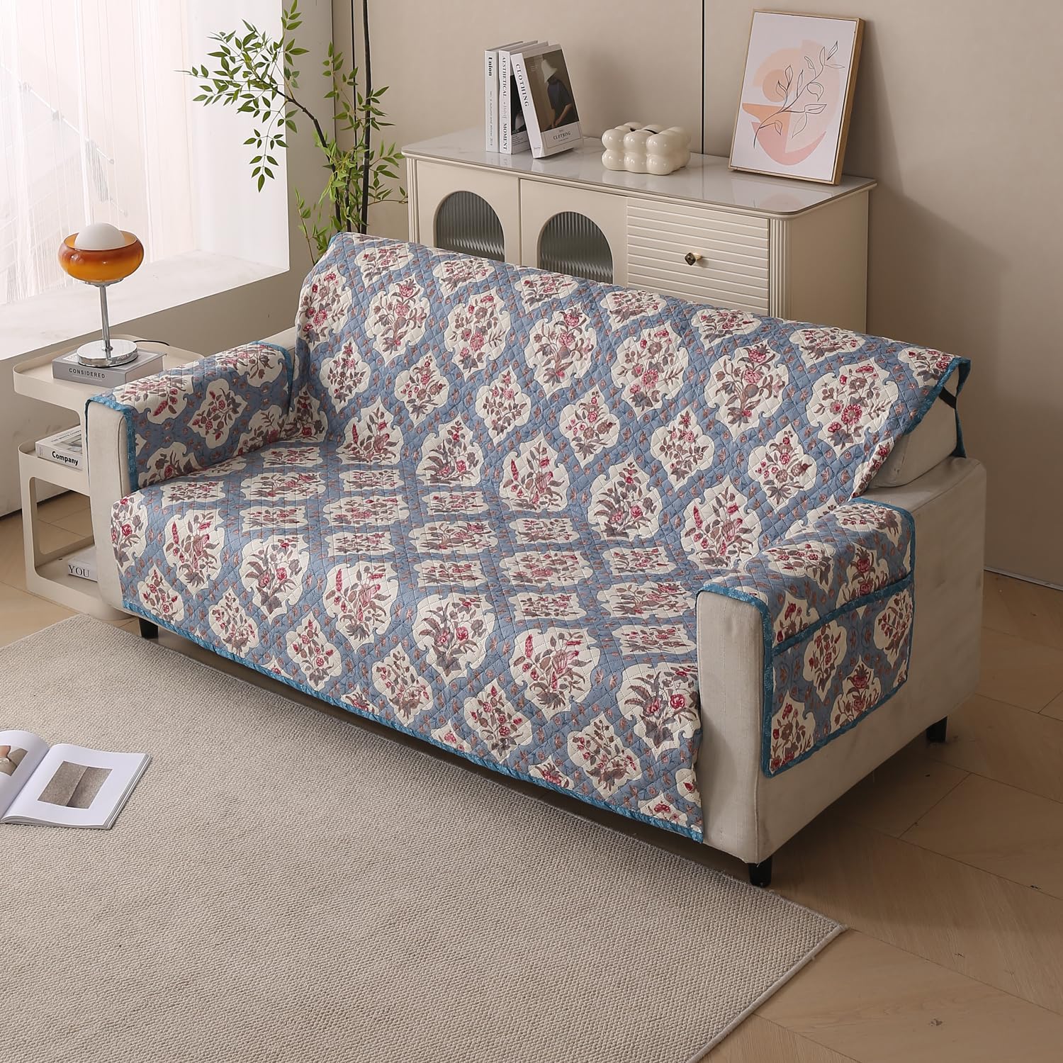 Polyester Sofa Cover Mat Reversible Couch Protector- Indigo Muse