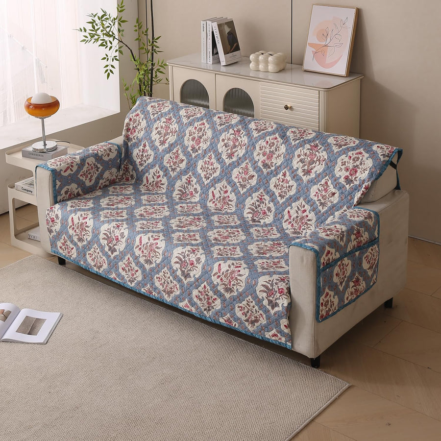Polyester Sofa Cover Mat Reversible Couch Protector- Indigo Muse