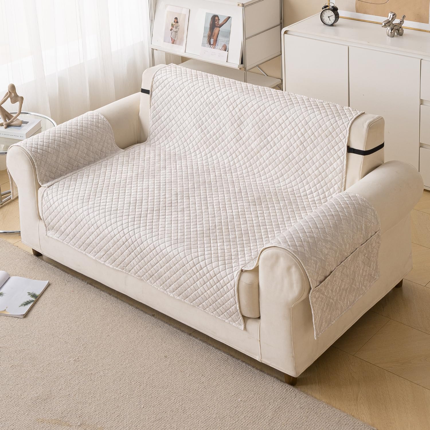 Quilted Printed Sofa Cover for Indian Sofa Set – Washable (Beige Stem)