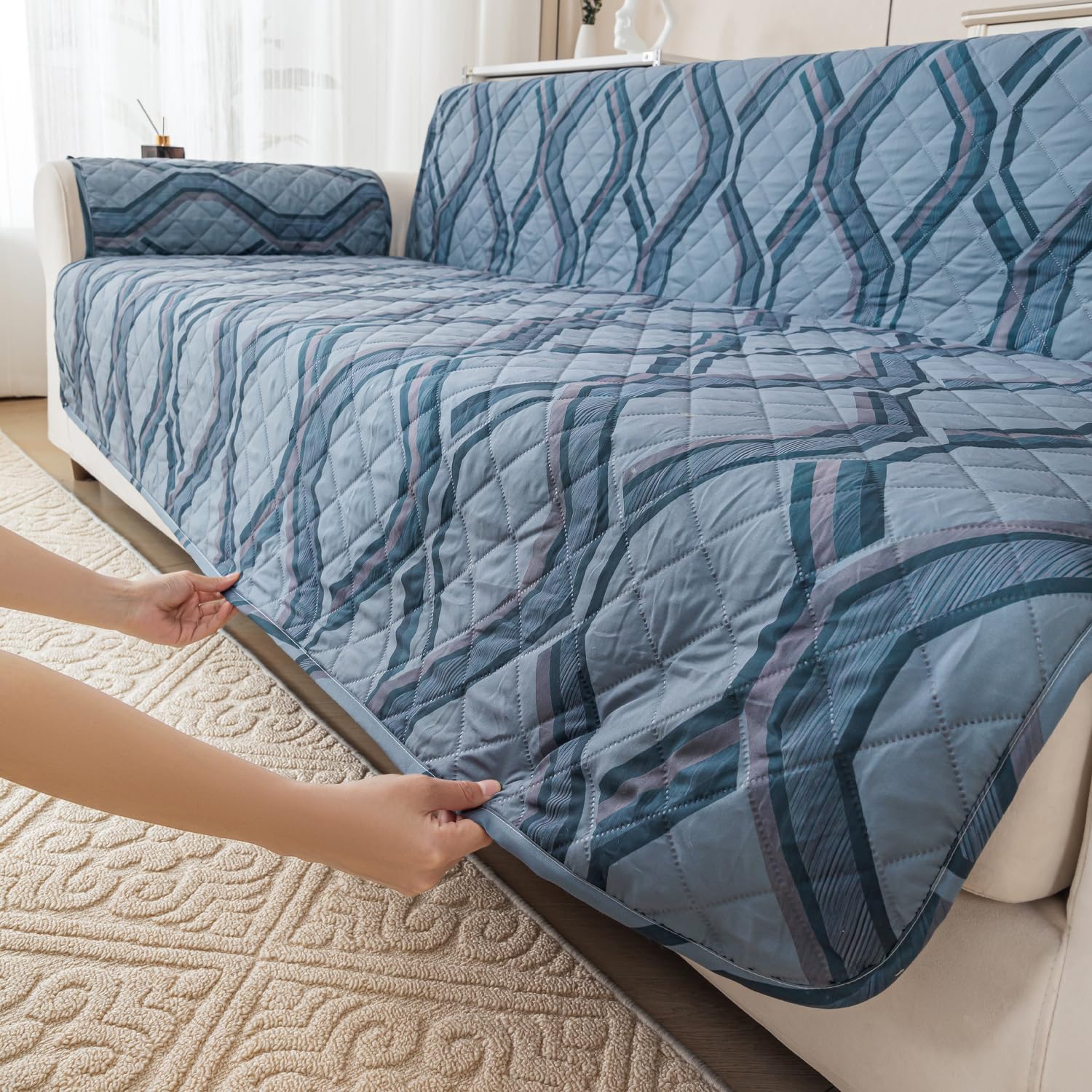 Gulnaar Series Anti-Slip Sofa Cover Mat with Pocket – Polyester Couch Protector(Urban Prism)