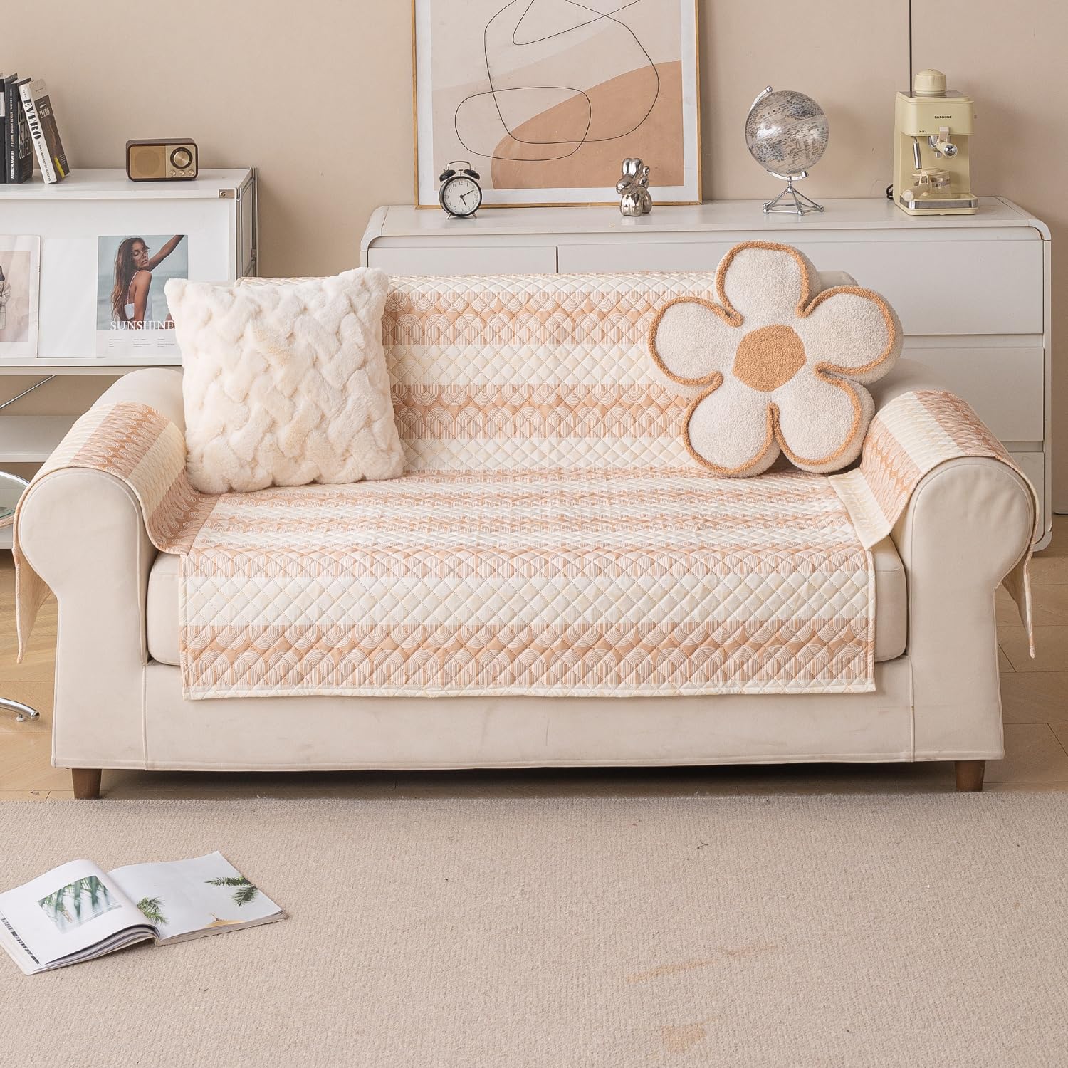Quilted Printed Sofa Cover for Indian Sofa Set – Washable, Durable & Soft (Beige Loop)