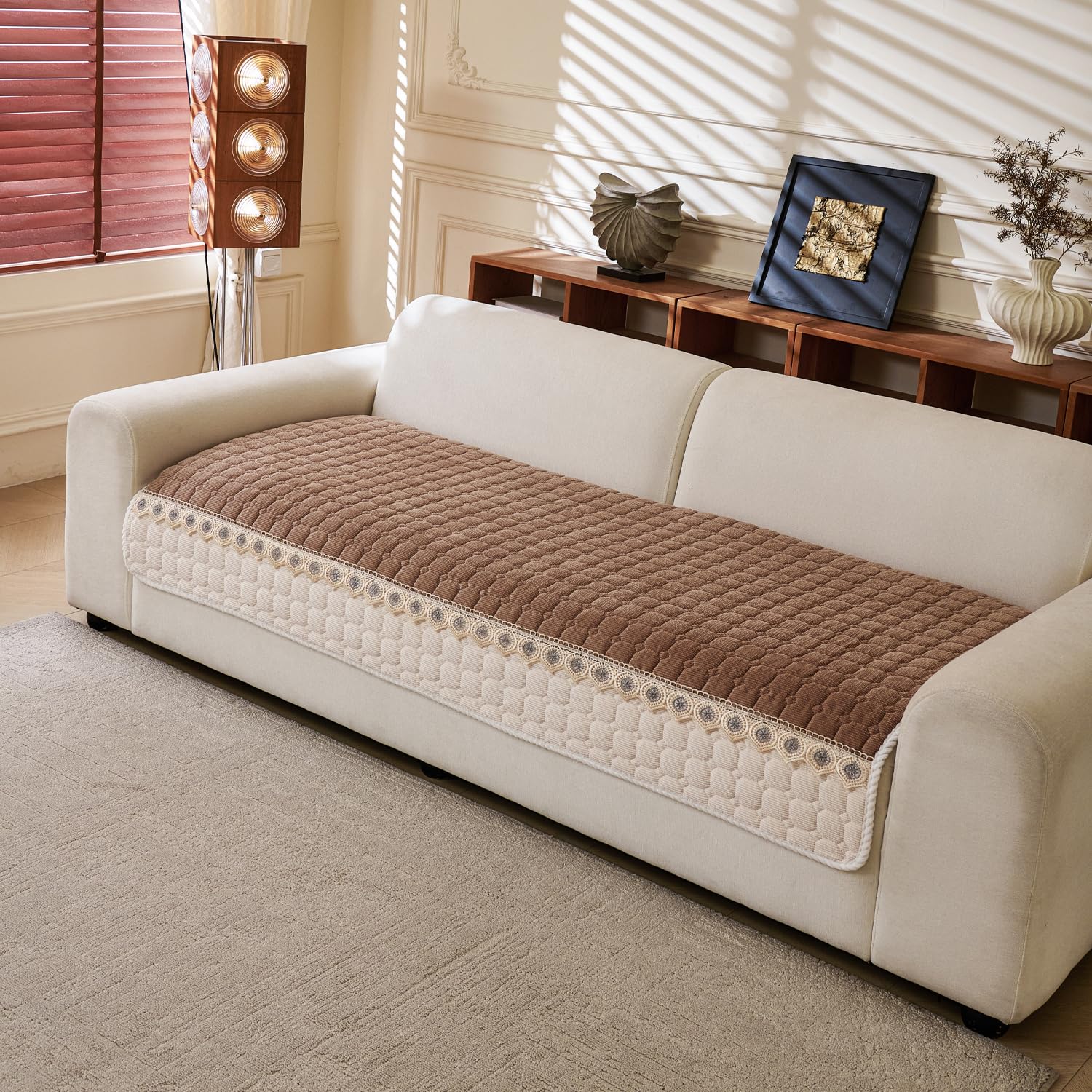 Waffle Quilt Corduroy Chenille Sofa Cover – Quilted, Non-Slip, Washable & Durable Protector (Tan)