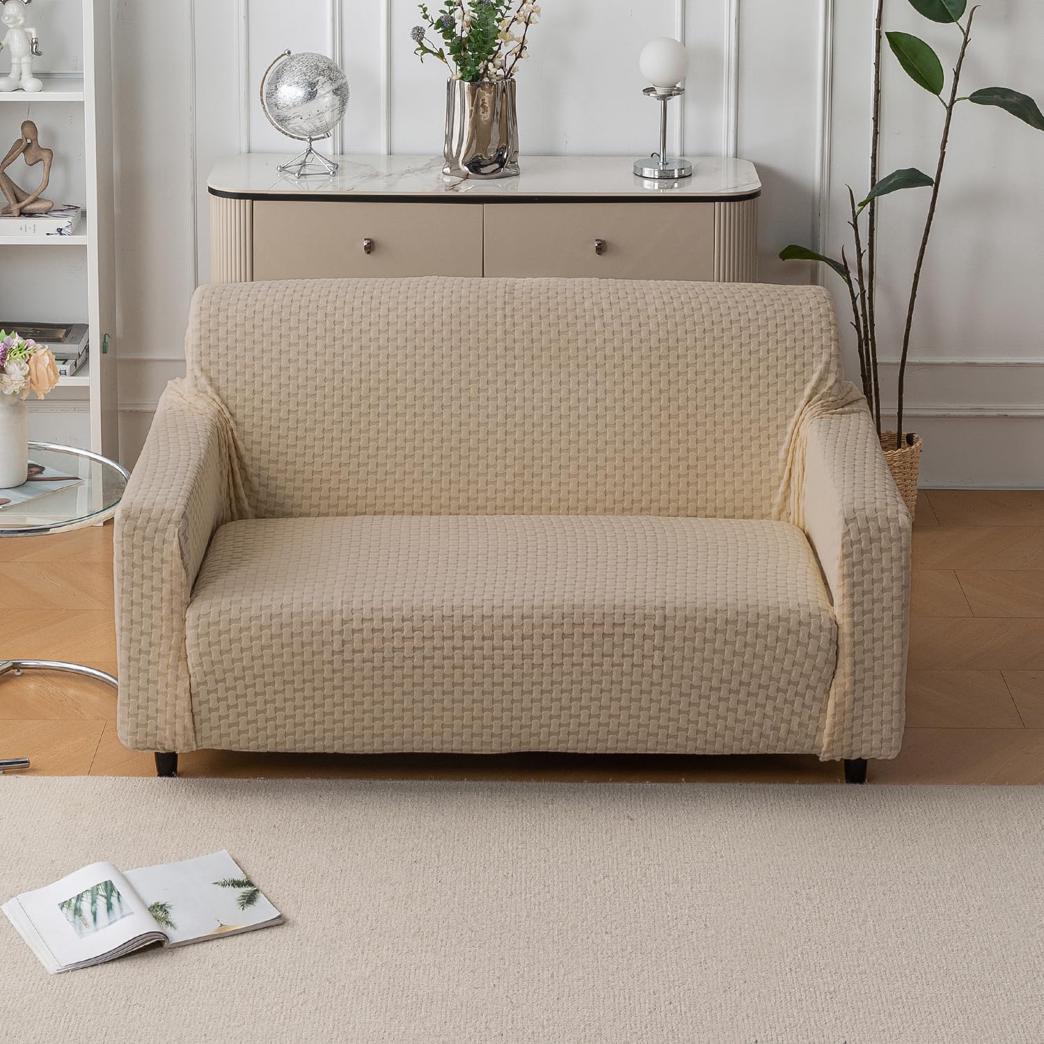 Elegant Jacquard Fabric 220 GSM Sofa Cover – Ultra Soft Stretchable (Khaki)
