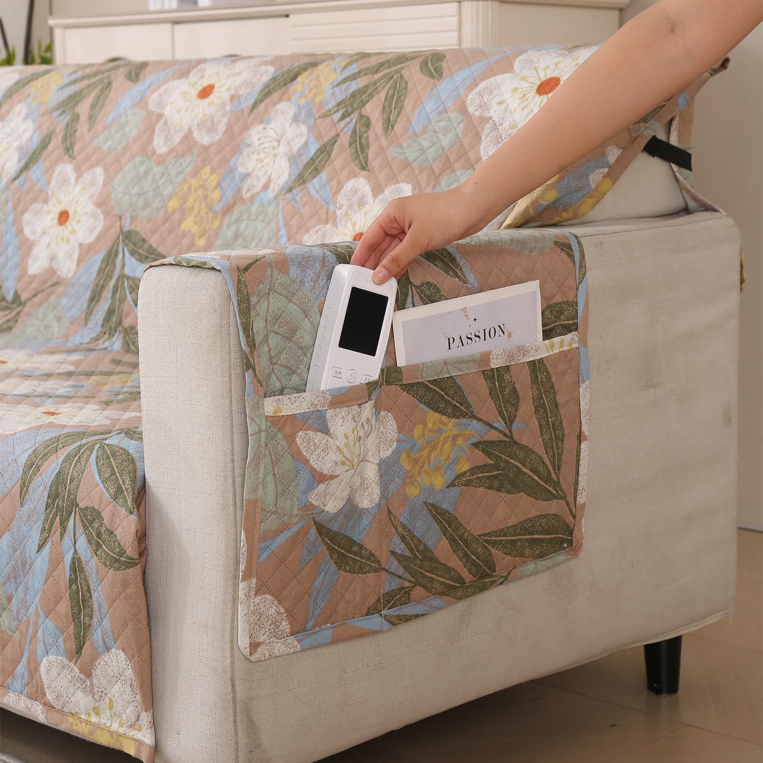 Polyester Sofa Cover Mat Reversible Couch Protector-Beige Botanica