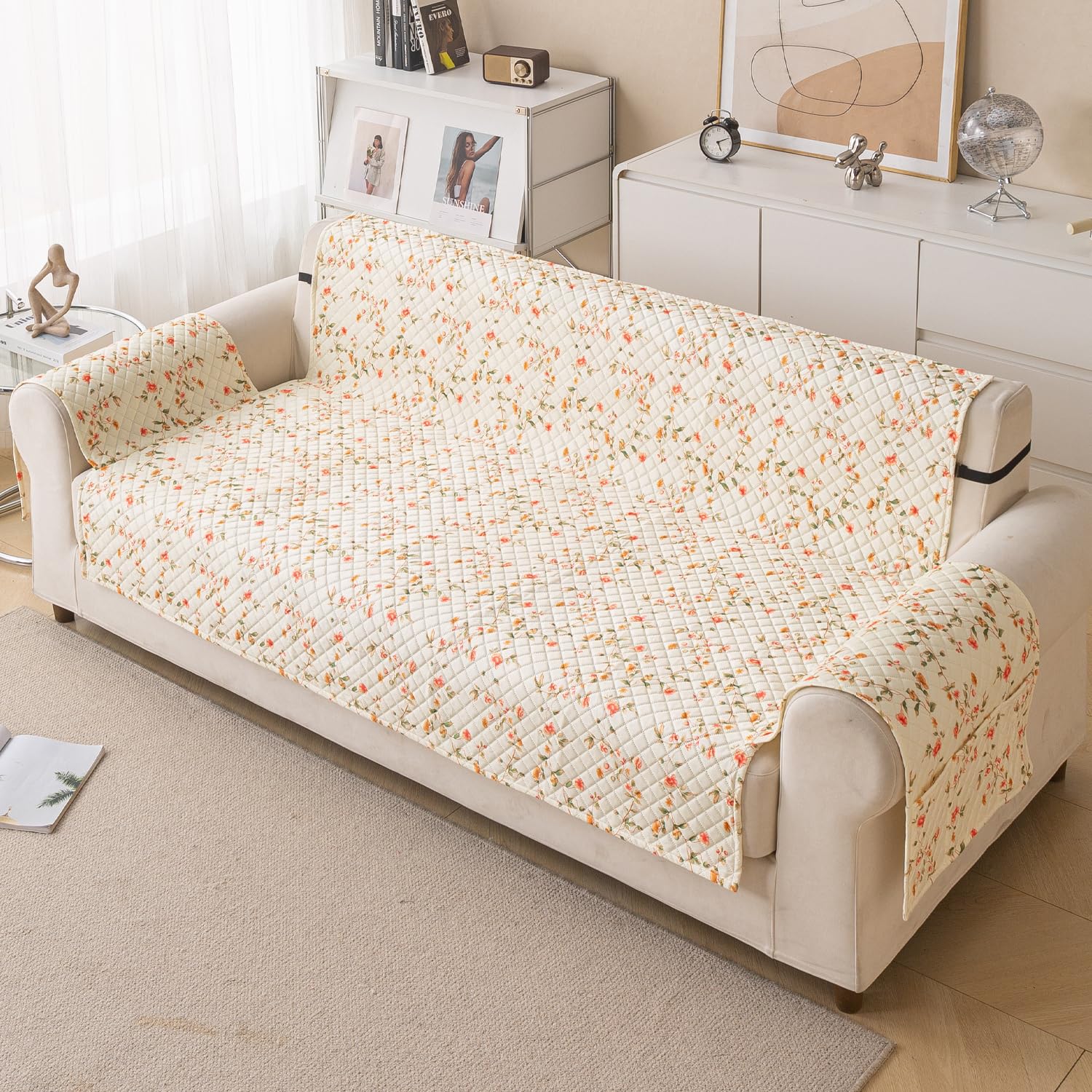 Quilted Printed Sofa Cover for Indian Sofa Set – Washable (Beige Tulip)