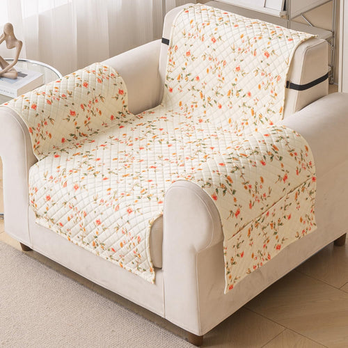 Quilted Printed Sofa Cover for Indian Sofa Set – Washable (Beige Tulip)