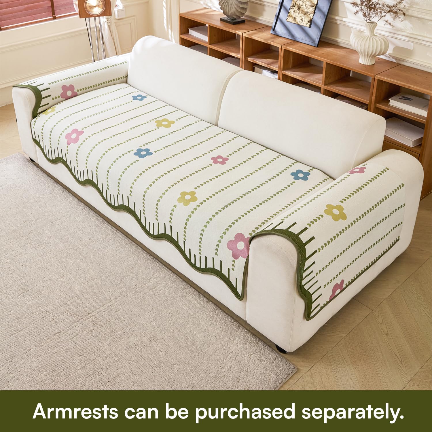 Loom Stripe Series Chenille Couch Cover Curved Edge Quilted Sofa Slipcover (Beige)